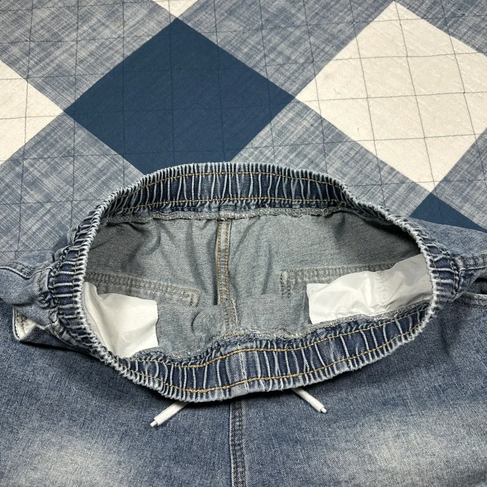 Faded Mens Cargo Baggy Denim Shorts Medium Wash Elastic Waist Drawstring Size M